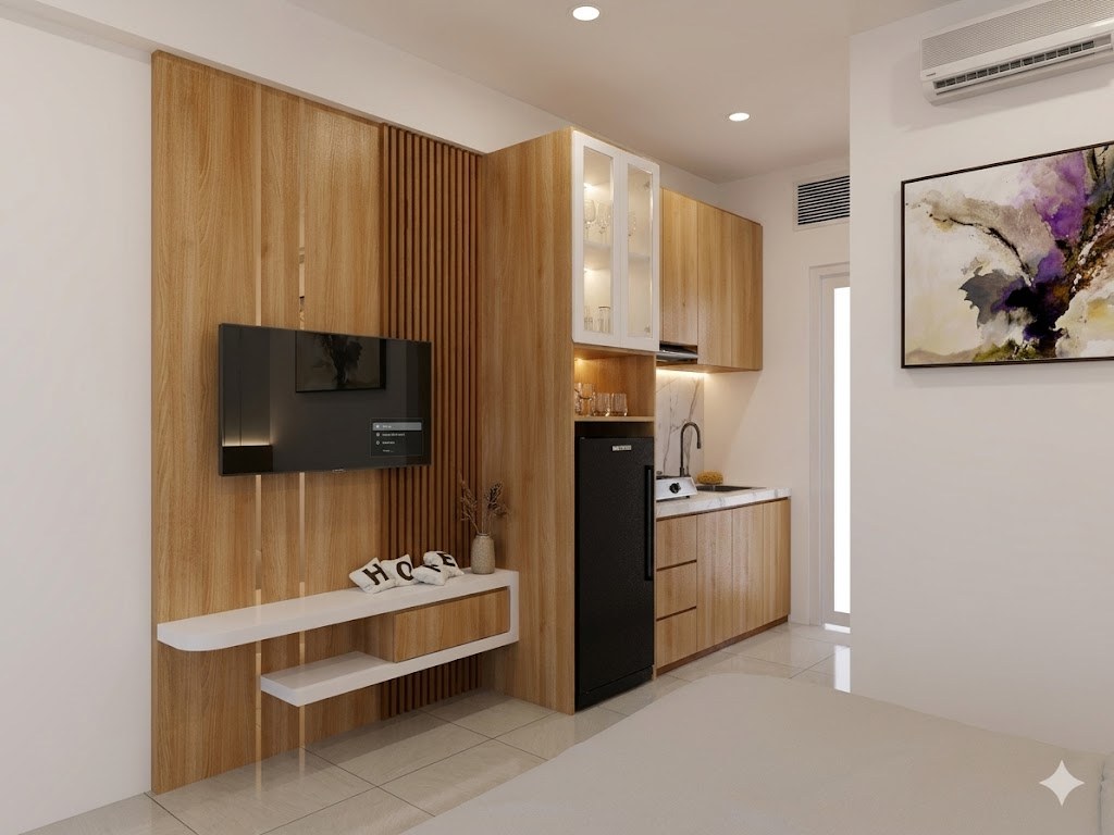 Backdrop TV panel kayu menyatu dengan area dapur