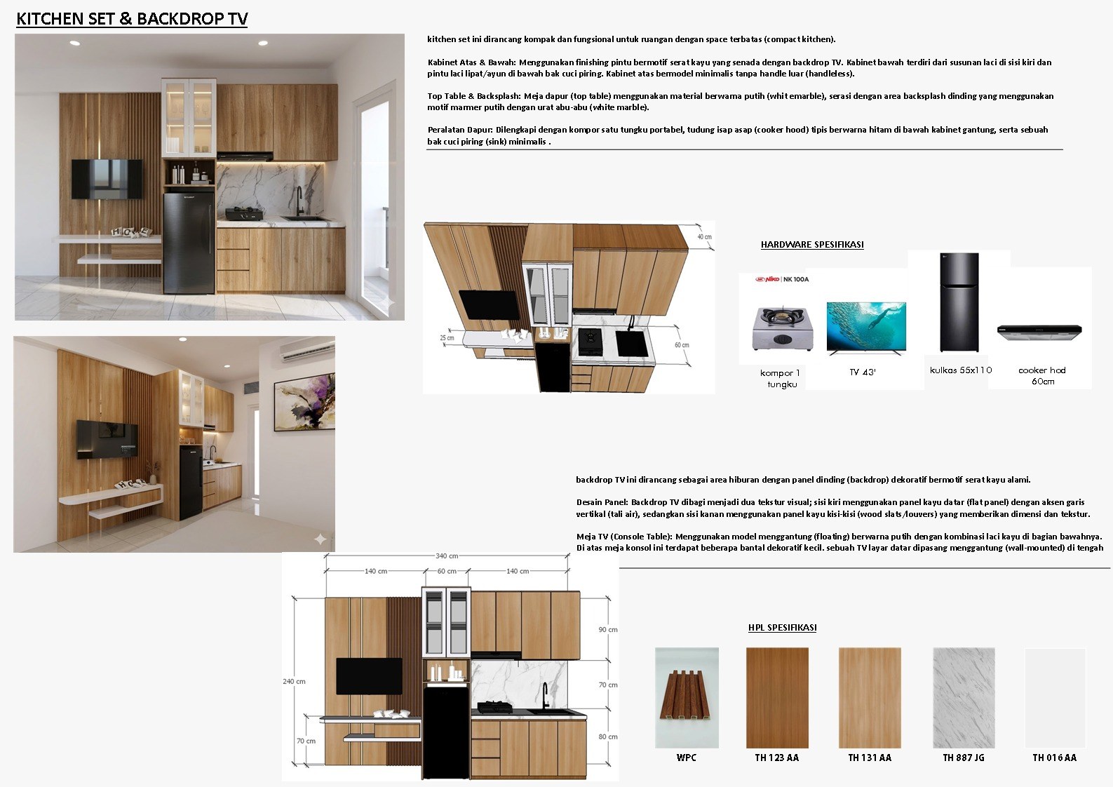 Detail desain kitchen set dan backdrop TV