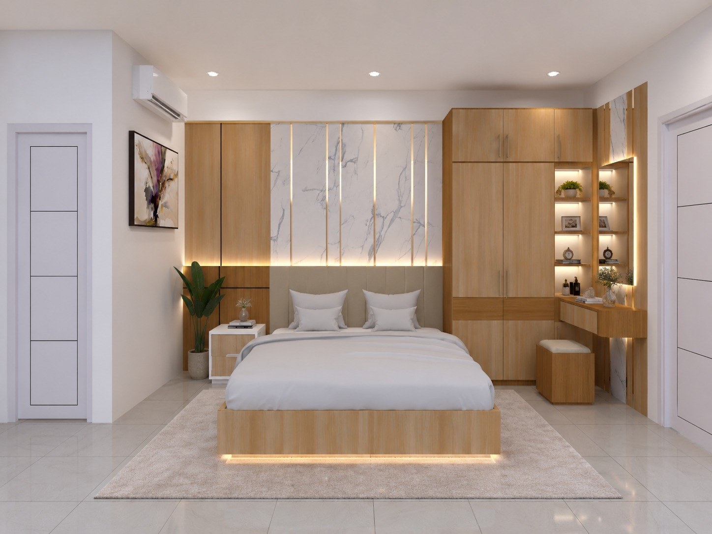 Kamar tidur dengan headboard marmer dan aksen emas